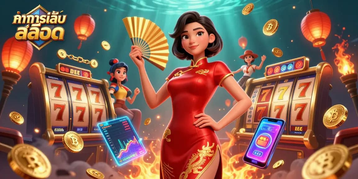 Experience ทดลองเล่นสล็อต with vibrant visuals, slot reels, and golden coins in an immersive gaming atmosphere.