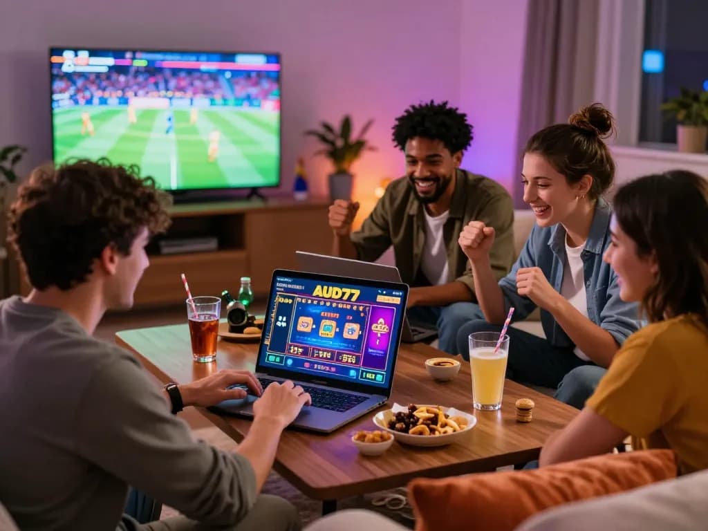 Friends enjoying games on AUD77 platform in a vibrant living room