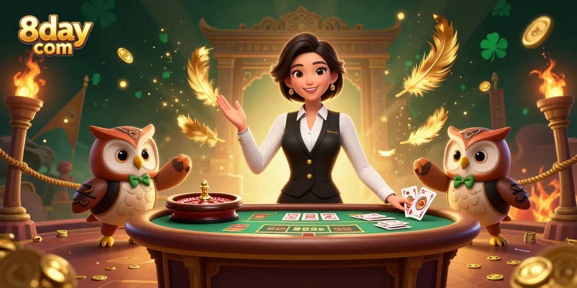Play with excitement at 8day com featuring an elegant dealer and owl assistant, surrounded by vibrant casino elements.