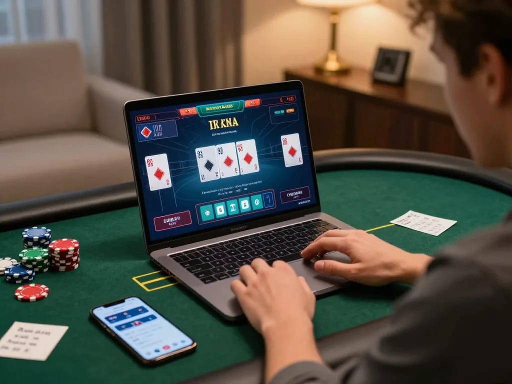 KJC online player strategizing with laptop, poker game interface, modern home office ambiance.
