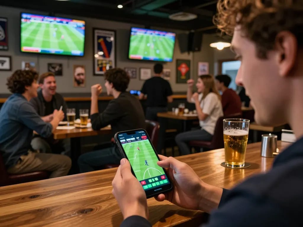 Betting on live sports with mobile app at a lively bar atmosphere featuring MK8 gaming.