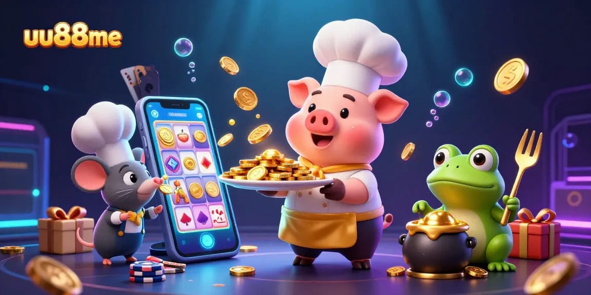 uu88me entertains players with a vibrant 3D illustration featuring a gourmet pig chef, mouse sous-chef, and frog critic amidst casino games.