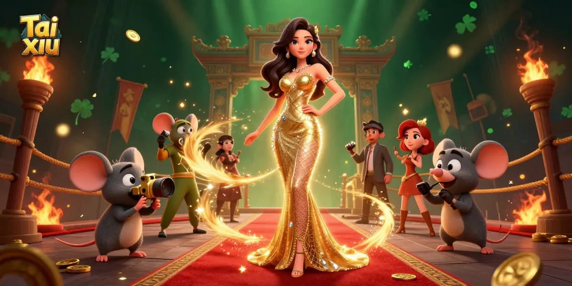Engage in the thrilling contest of Tai xiu, surrounded by golden particles and vibrant casino elements.