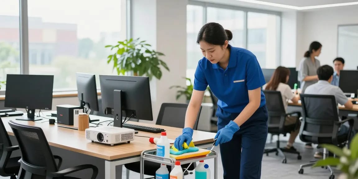 Underhaltsreinigung Solothurn in action, showcasing a professional cleaner dusting office surfaces for a sparkling clean workspace.