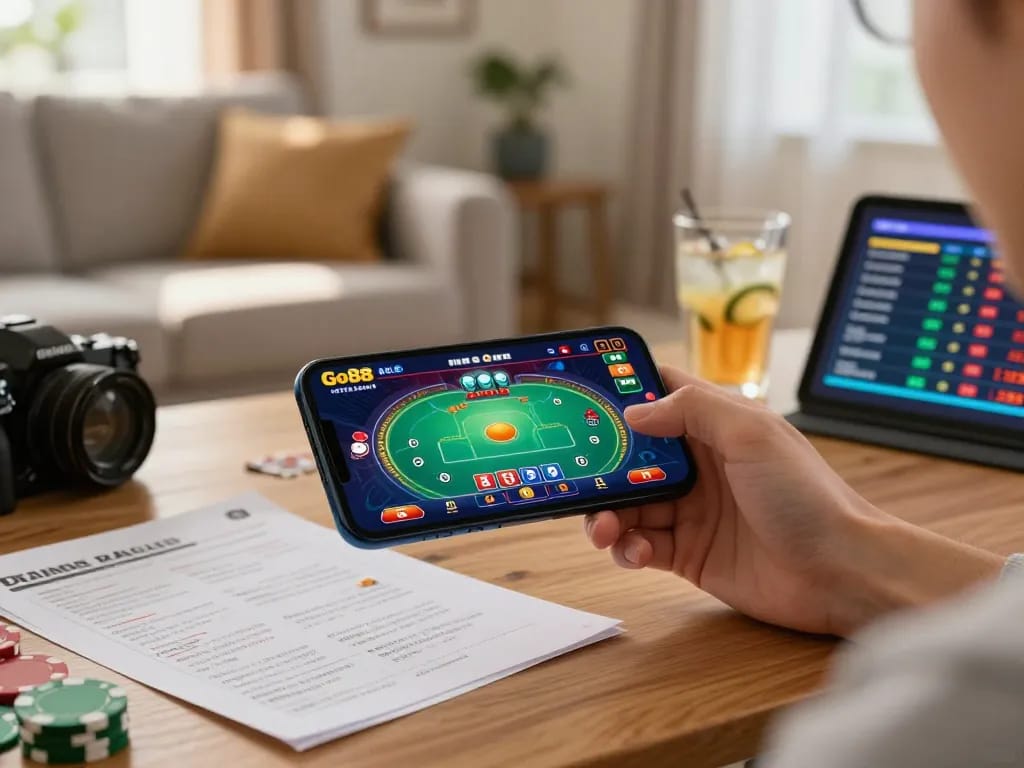 Engaging user playing Go88 casino app on a smartphone in a cozy home setting.
