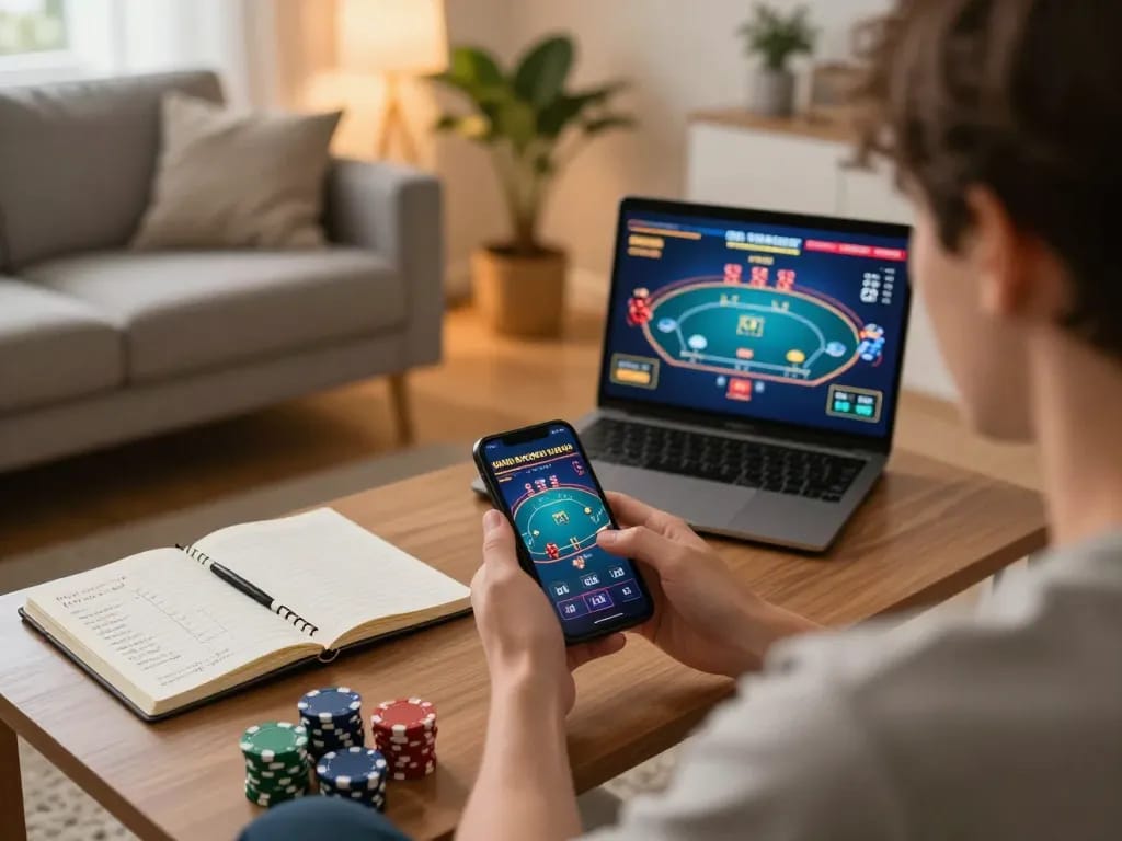 Engaged player betting on MK8 with a mobile device in a cozy home, showcasing strategy.