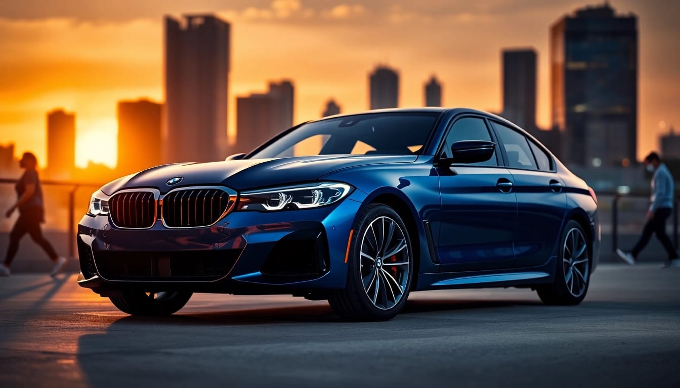 BMW kaufen: Eleganter neuer BMW in urbaner Umgebung bei Sonnenuntergang.