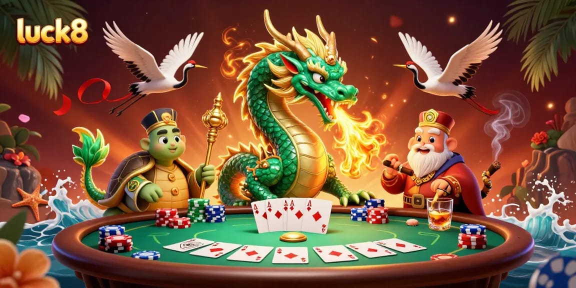 Experience thrilling wins at luck8 with a dynamic scene featuring a jade dragon and poker elements.