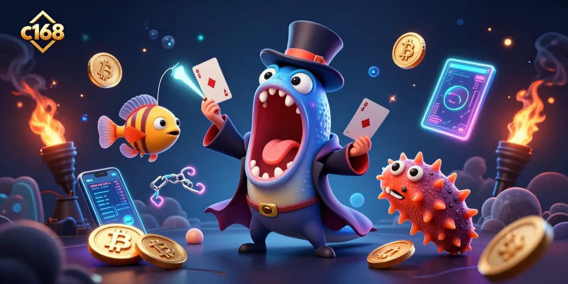 c168 showcases a lively 3D illustration with vibrant sea creatures performing magic tricks and glowing crypto coins.