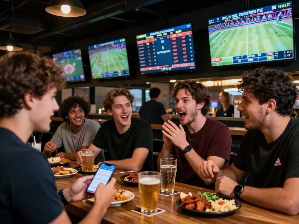 Patrons engaging in sports betting at MB66, showcasing excitement and smartphone interactions