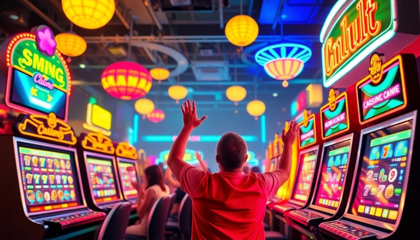Unleash the excitement of online casino bonuses with vibrant slot machines and cheering players.