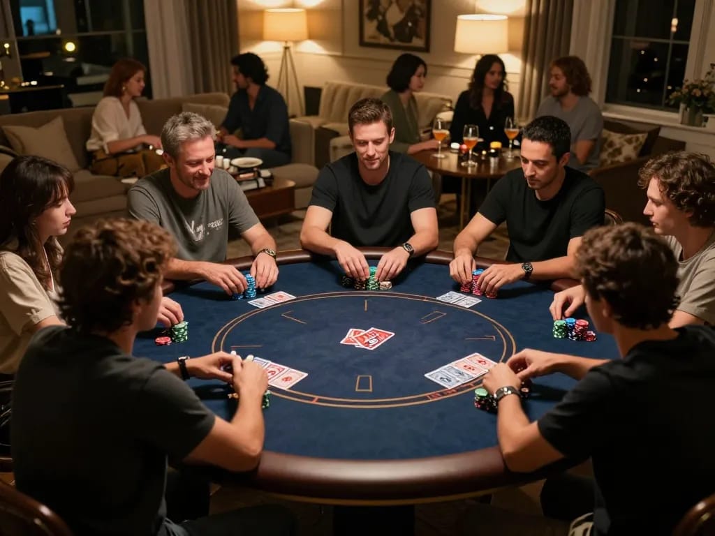 Players at a GO88 poker game night, chips stacked, intense gameplay atmosphere