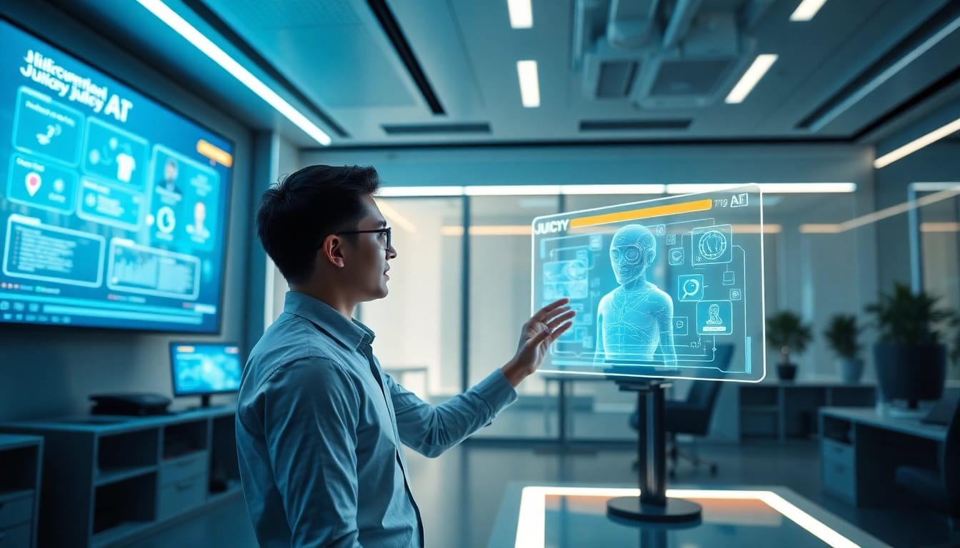 Engaging interaction with Juicy AI in a modern, high-tech office environment.