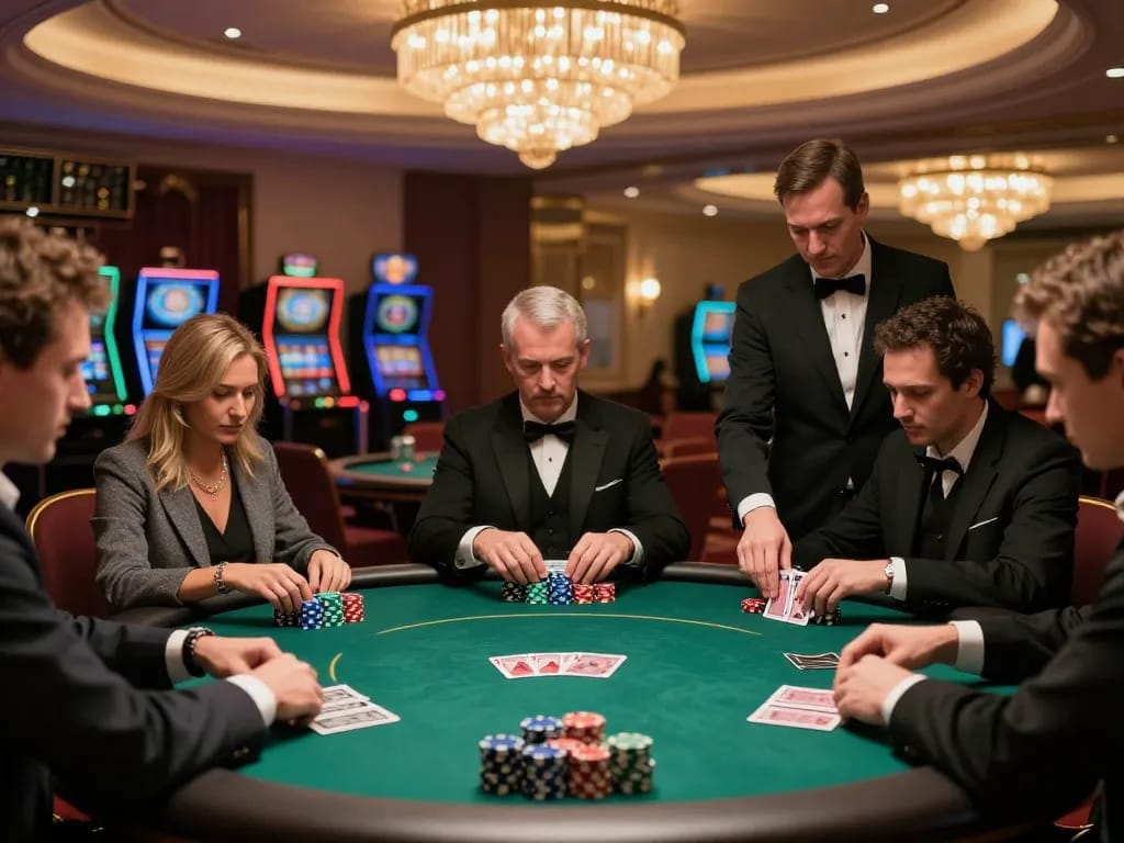 Man88 players engaged in a high-stakes poker game with vibrant chips and focused strategy.