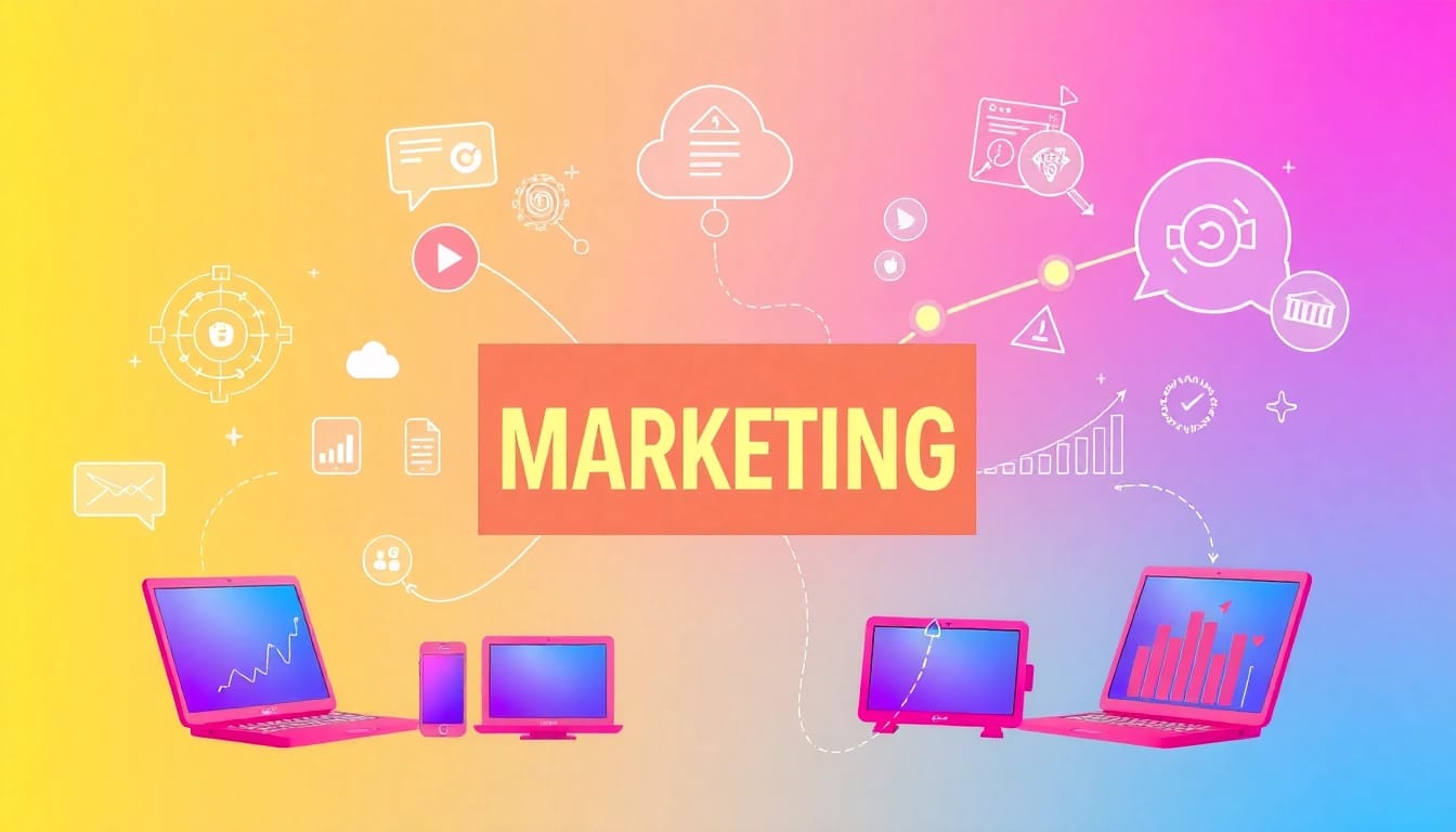 Digitales Marketing durch kreative Grafiken und moderne Geräte in einem dynamischen Umfeld darstellen.