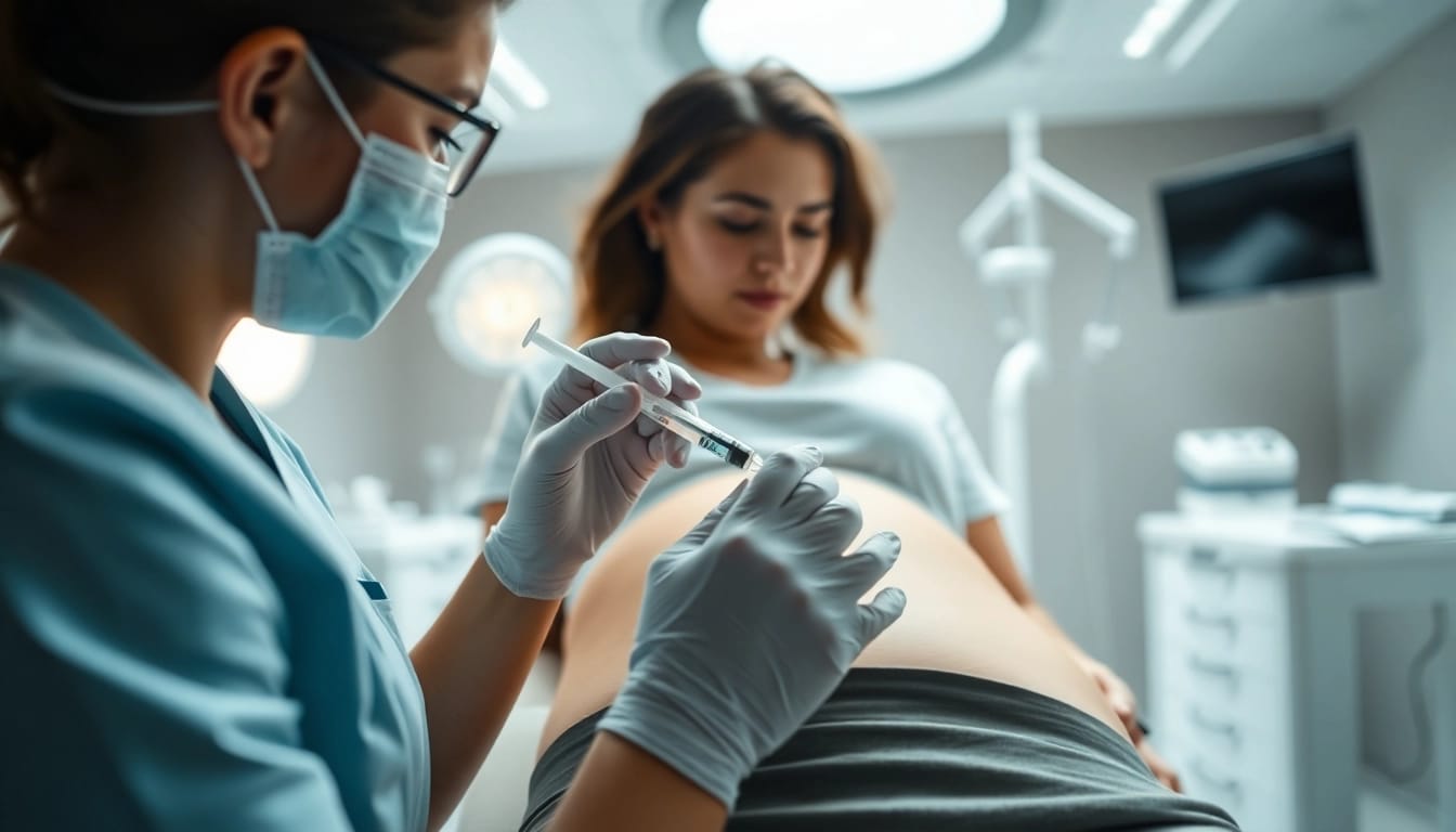 Injektionslipolyse Behandlung bei einem Patienten im modernen, sauberen medizinischen Raum.
