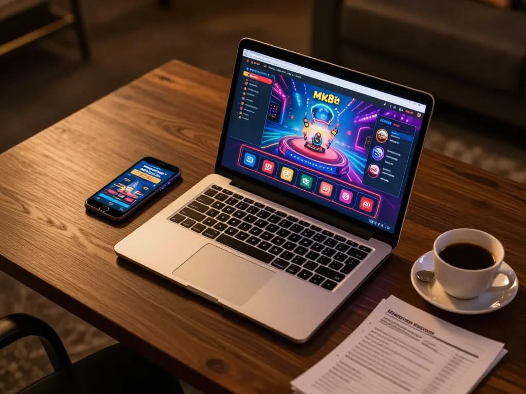 Experience engaging gameplay with mk8th on a modern laptop while enjoying a cozy atmosphere.