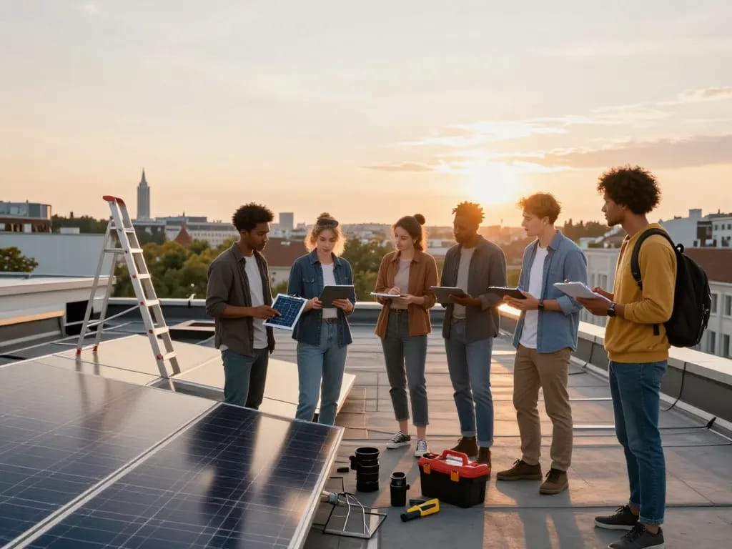 Innovative Diskussion über Photovoltaik Wien auf Dächern zwischen verschiedenen jungen Erwachsenen bei Sonnenuntergang.