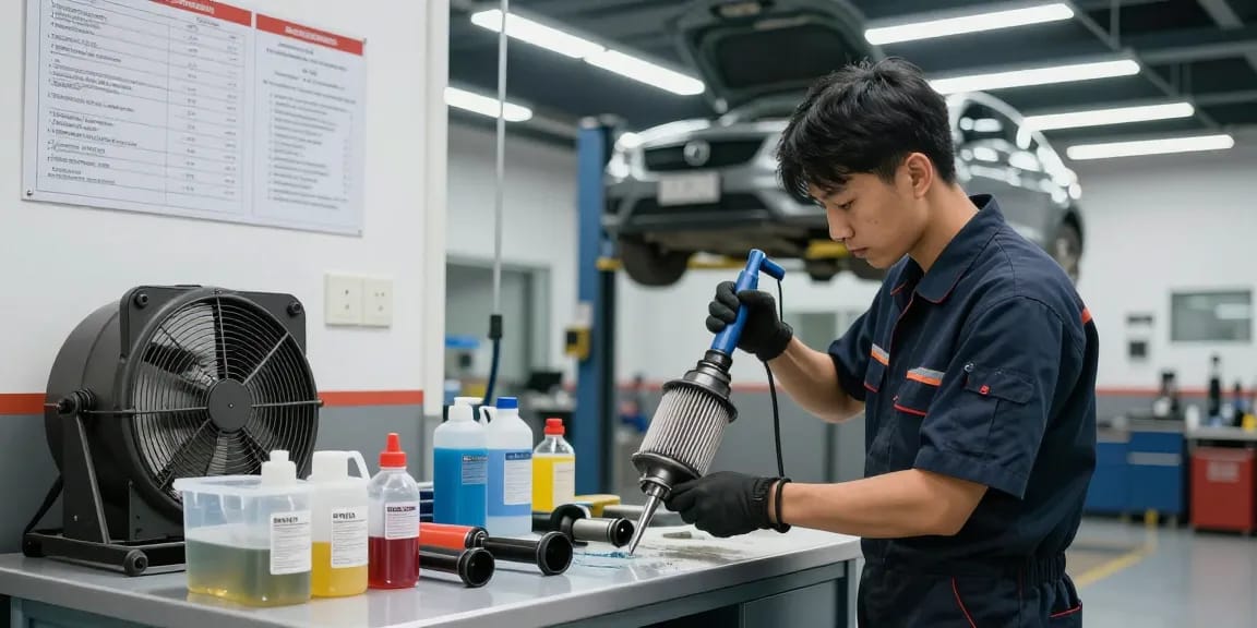 Effizientes DPF reinigen im professionellen Garagenumfeld mit Mechaniker und spezialisierten Reinigungswerkzeugen.
