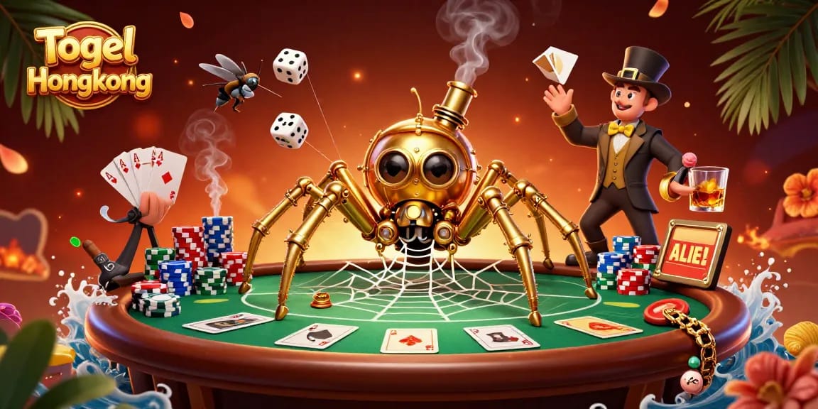 Togel Hongkong's vibrant 3D illustration depicts a golden spider and Victorian fly engaged in a dynamic casino scene.