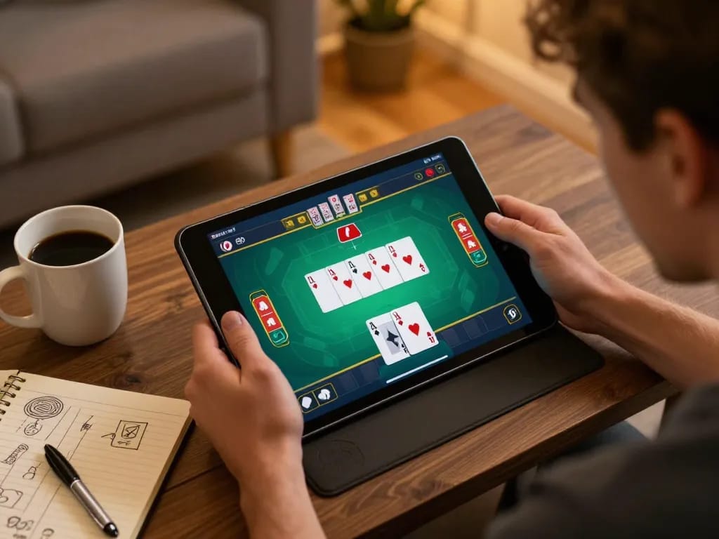 RR88 player engaging with online poker interface on a tablet in comfortable home setting, showcasing strategic gameplay.