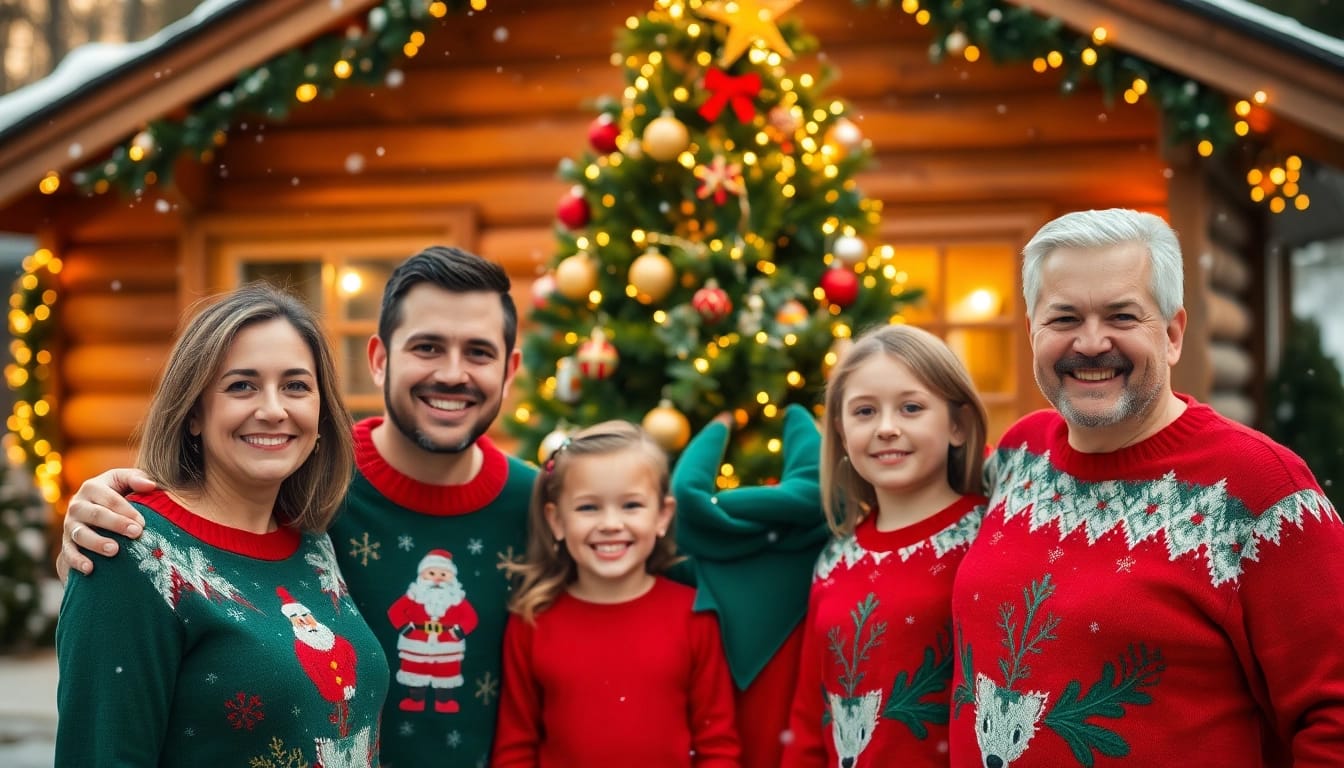 Capture a joyful family christmas photoshoot in front of a decorated tree with snow falling.