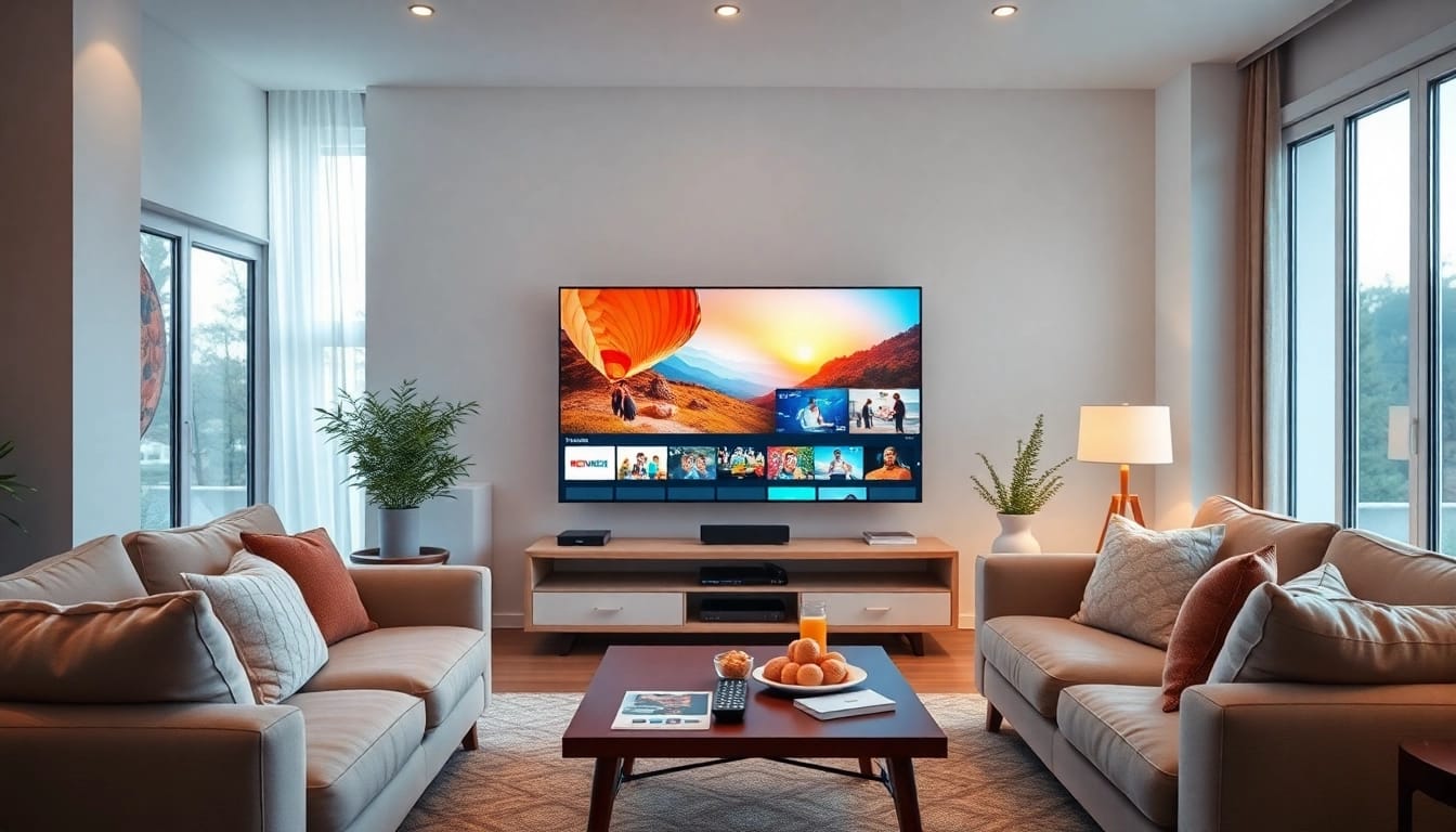 IPTV Anbieter in einem modernen Wohnraum mit lebendigem Streaming-Inhalt.