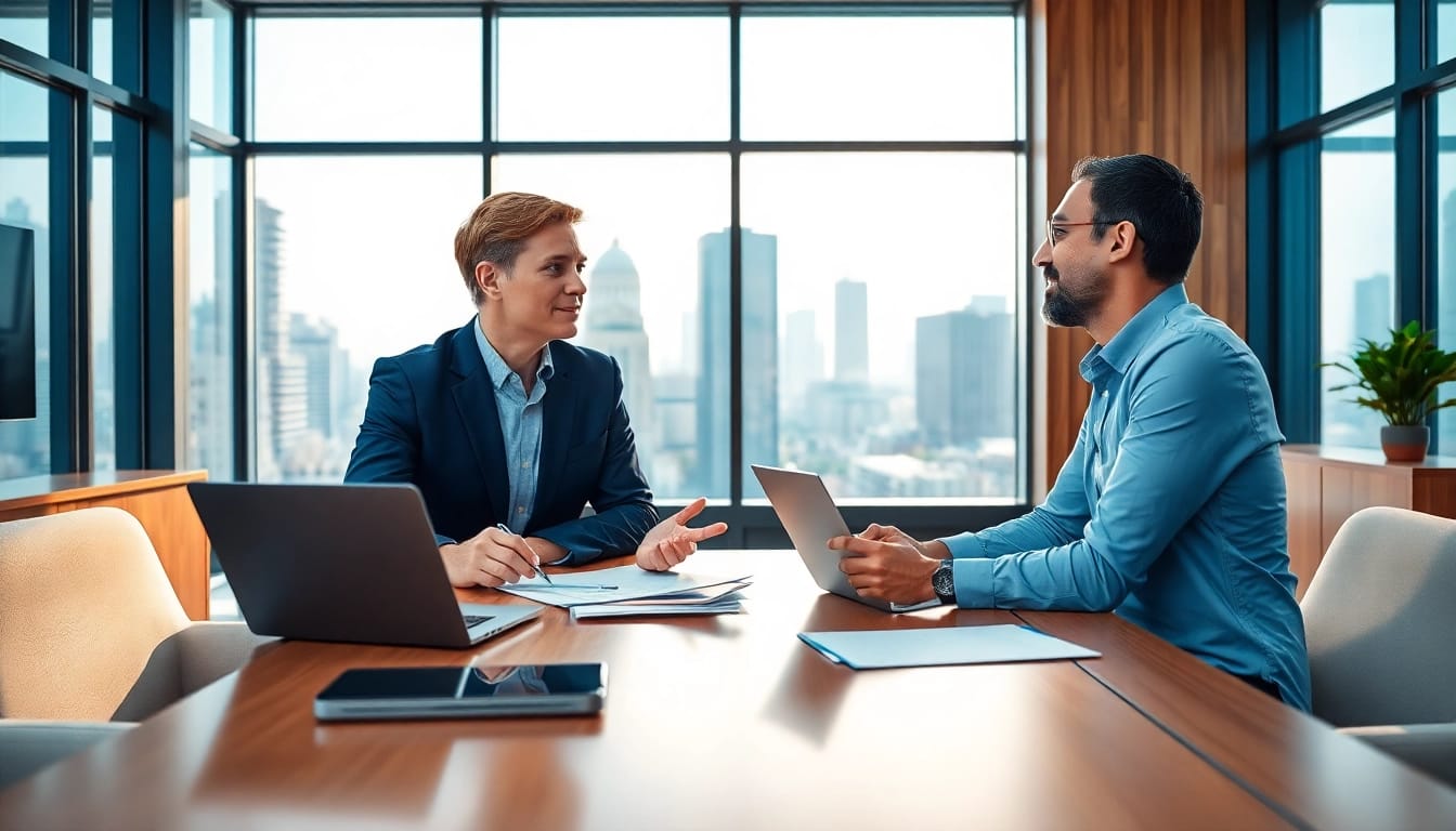 Personalberater diskutiert mit einem Klienten strategisch in einem modernen Büro.