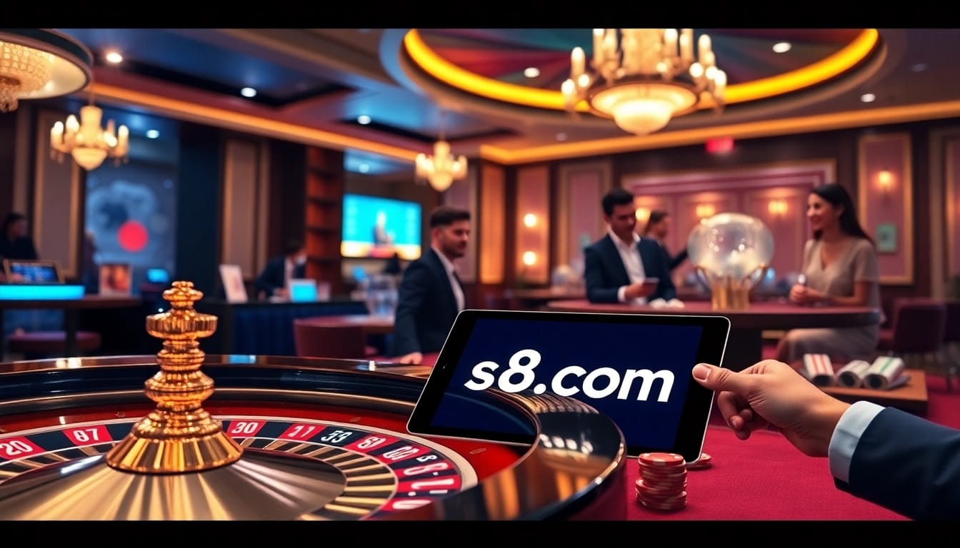 Cherish exciting moments at s8.com with vibrant poker chips and roulette wheel in a luxurious casino setting.
