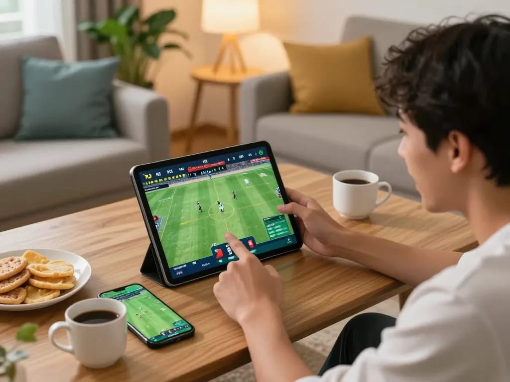 Xem Đá Gà Trực Tiếp HD trên máy tính bảng trong một phòng khách ấm cúng như một phần của trải nghiệm chơi game trực tuyến.