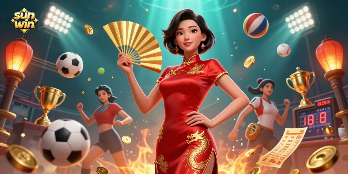 Experience exciting gameplay at sun win with a stunning Asian character amidst dynamic casino elements.