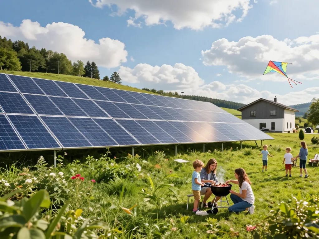 Photovoltaik Bayern mit Solar-Panels in einer sonnigen Landschaft, während eine Familie ein Barbecue genießt und eine moderne Wärmepumpe nutzt.