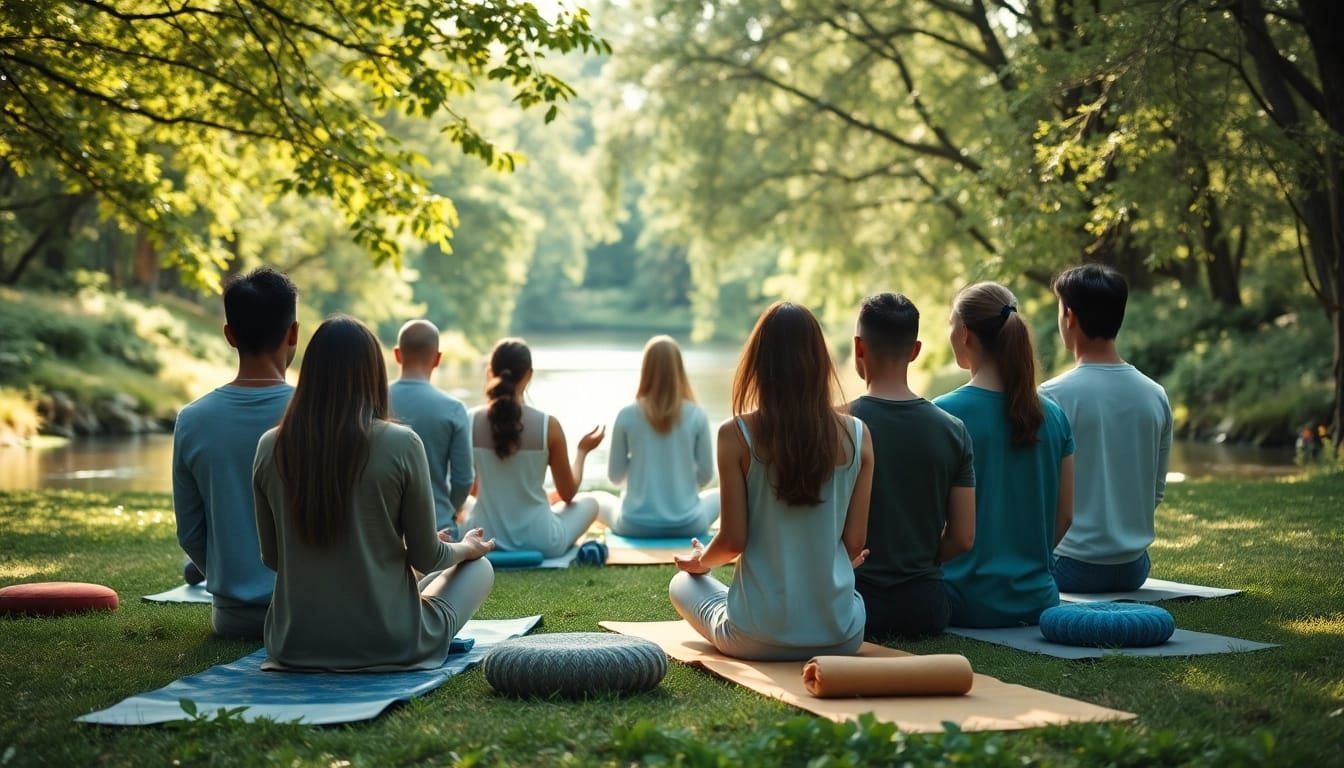 Emphasizing emotional wellbeing, diverse individuals practice mindfulness outdoors surrounded by nature.
