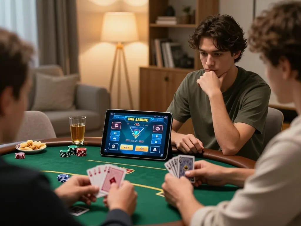 Player strategizing online poker on tablet, enjoying a sunwin gaming experience in a cozy setting.