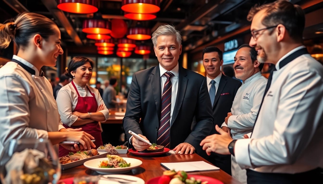 Headhunter Gastronomie engaged in vibrant restaurant networking, discussing with chefs and managers.