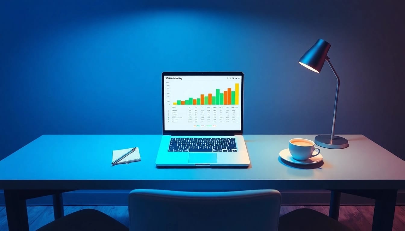 Analysieren Sie SEO-Ranking-Daten auf einem eleganten Schreibtisch mit Laptop und Notizen.