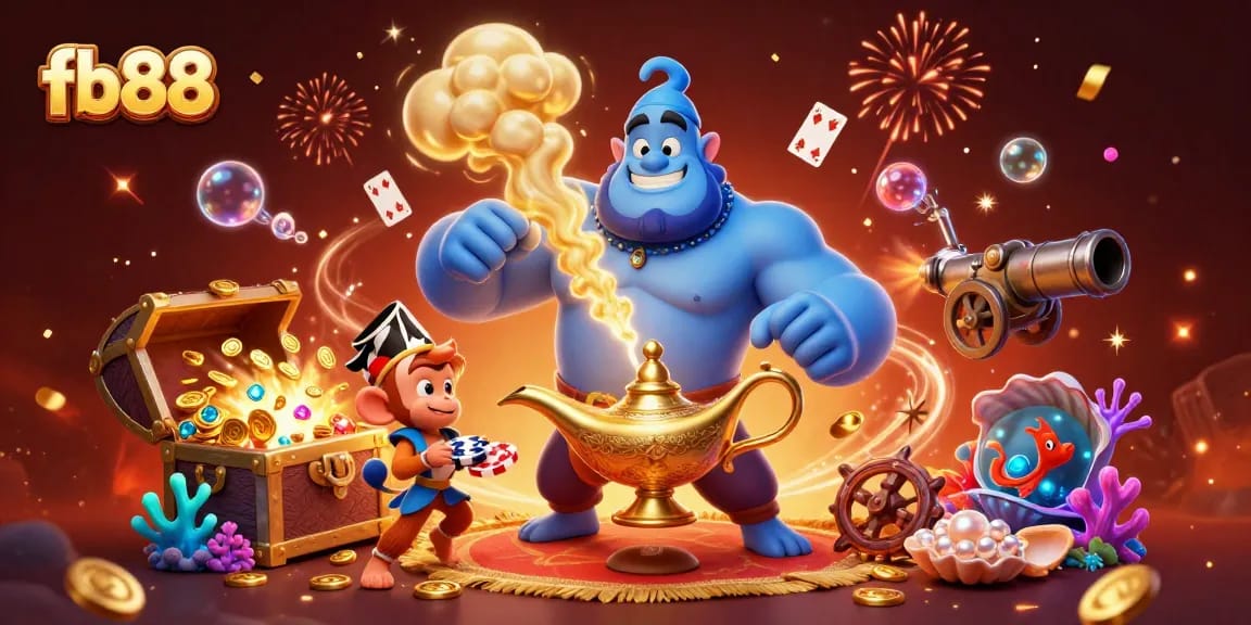 Experience thrilling gaming with fb88's vibrant 3D illustration featuring a genie and casino elements.