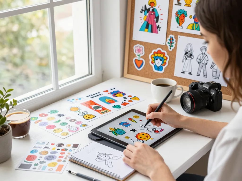 Custom sticker erstellen in a vibrant design workspace with sketches, tools, and colorful samples.