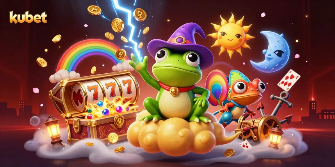 Kubet players enjoy slot games with vibrant characters creating a coin storm in an exciting casino scene.