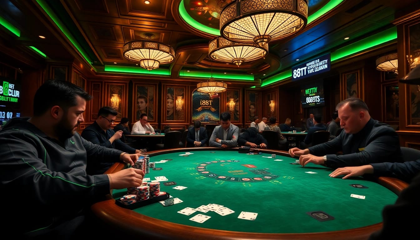 Players strategizing their bets at the 88TT poker table in a luxurious casino environment.