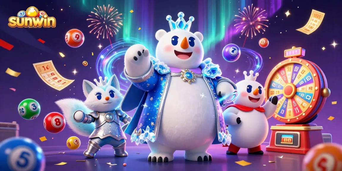 Experience thrilling action at sunwin with vibrant lottery balls, a polar bear king, and festive game elements.