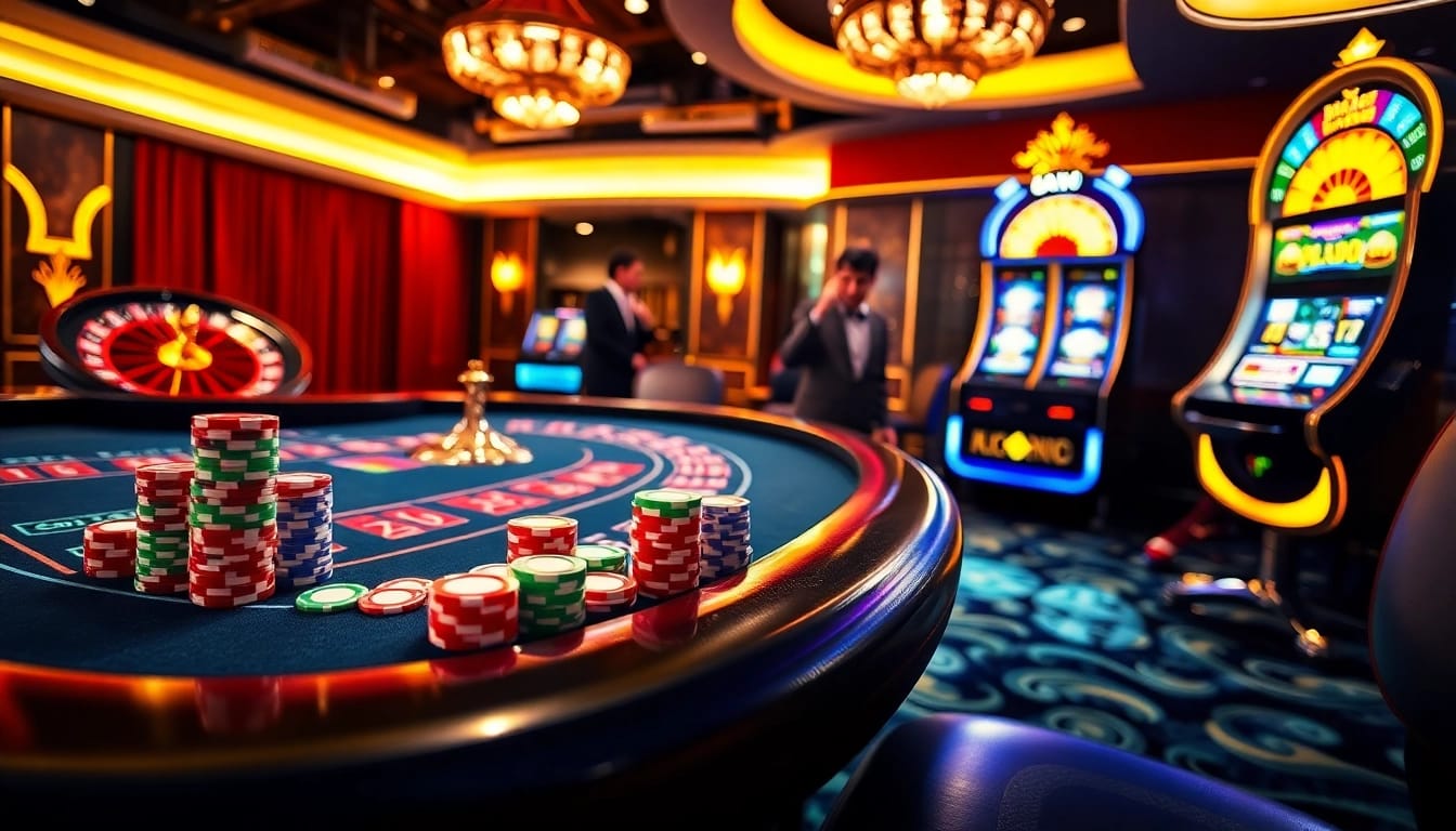 Experience the excitement of https://go888.jp.net/ with a vibrant casino gaming scene featuring a roulette wheel and poker chips.