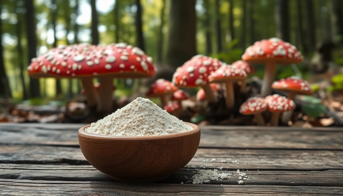 Fliegenpilz pulver in a wooden bowl surrounded by Amanita muscaria mushrooms in a forest.