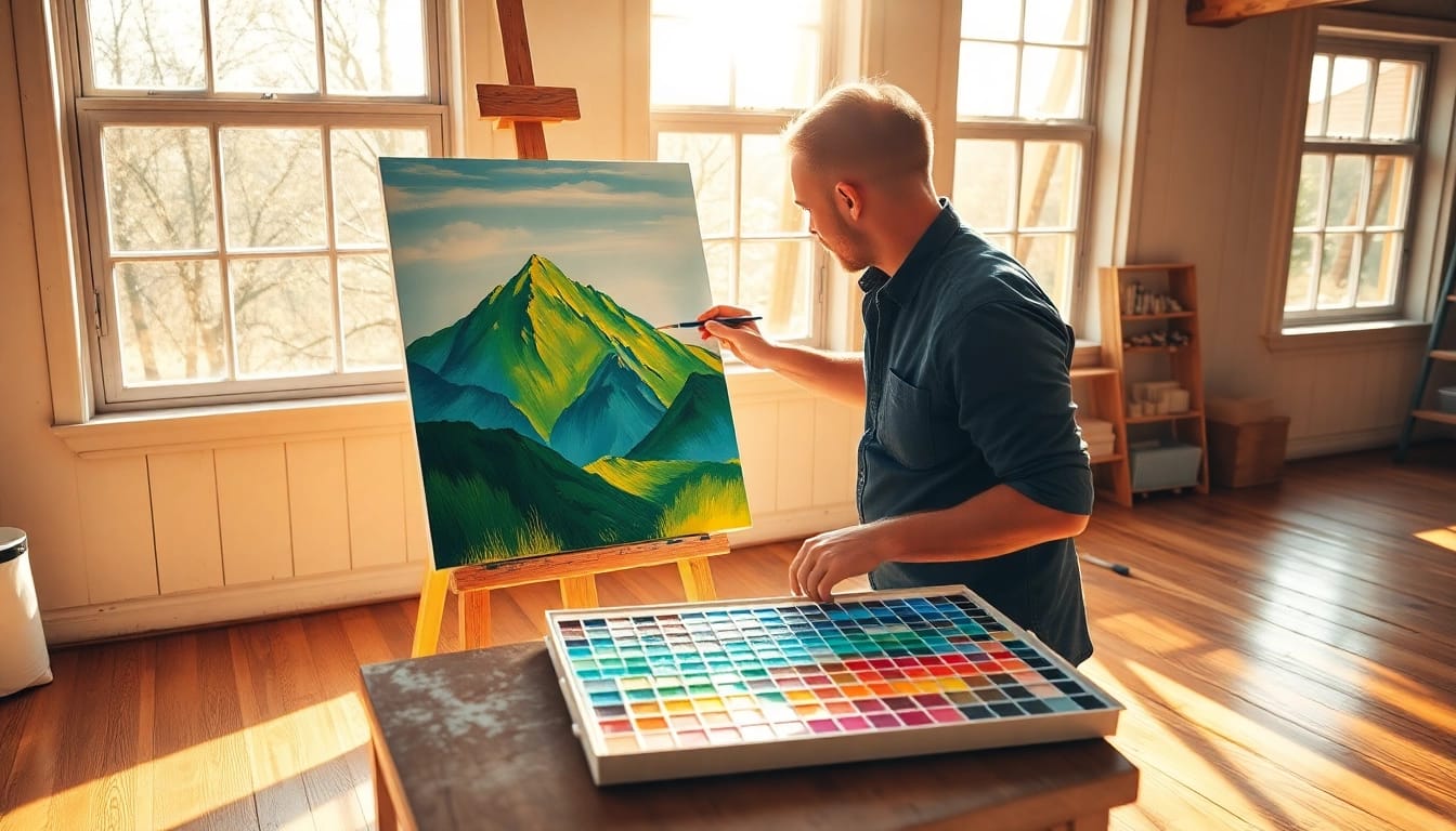 Captivating painting in progress by an artist in a sunlit studio.