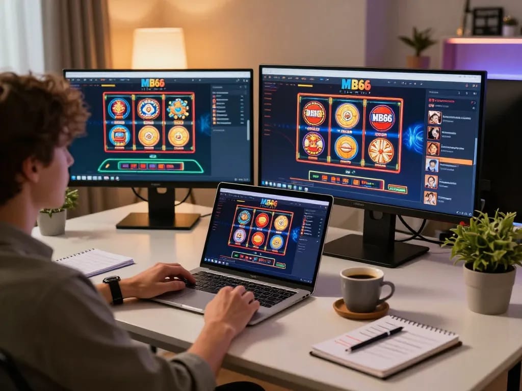 Player enjoying MB66 casino gaming experience on multiple screens in a cozy setup