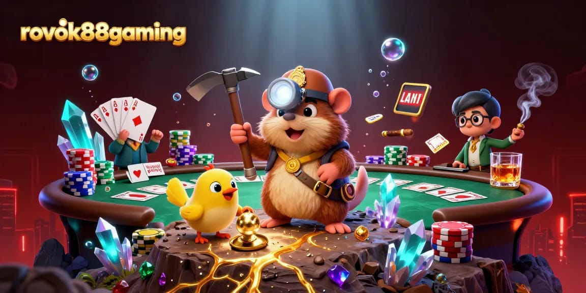 rokok88gaming showcases a lively poker scene with a treasure hunter and canary in a rich 3D illustration.