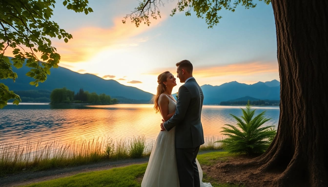 Hochzeitsfotograf Tegernsee begleitet ein Paar in der Natur am Seeufer.