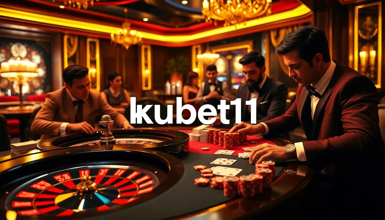 Players engaging in an intense poker game at kubet11's luxurious casino table.