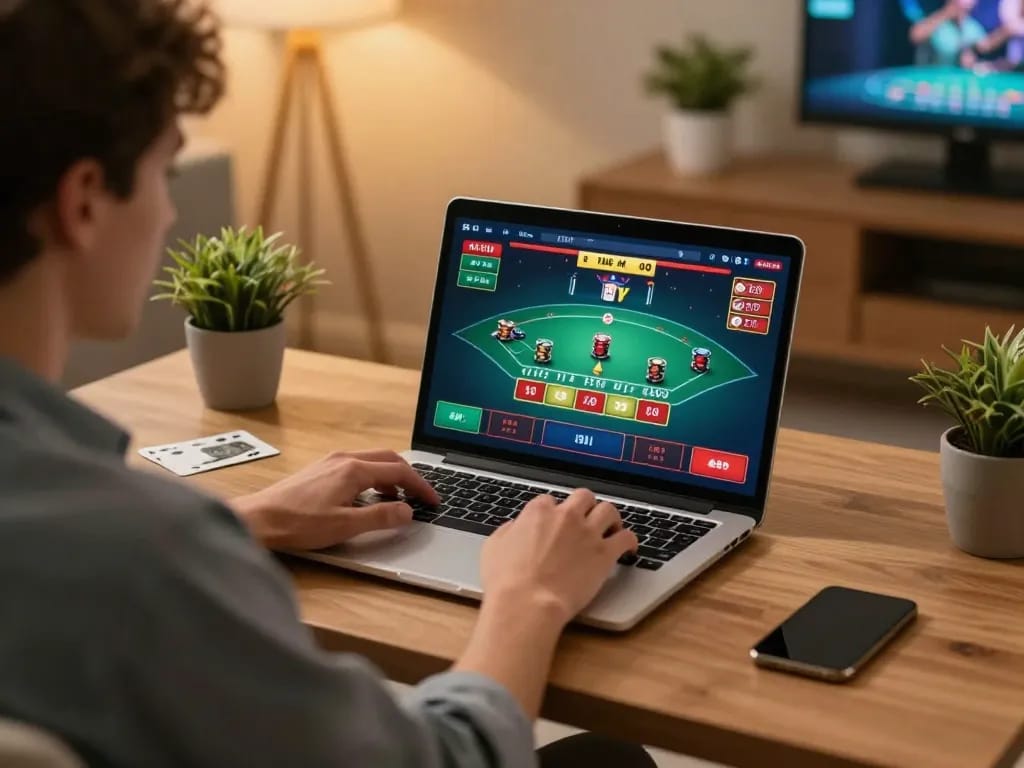 Player engaging with f1688 CEO's online casino via laptop, showcasing live dealer blackjack gameplay in stylish home setting.