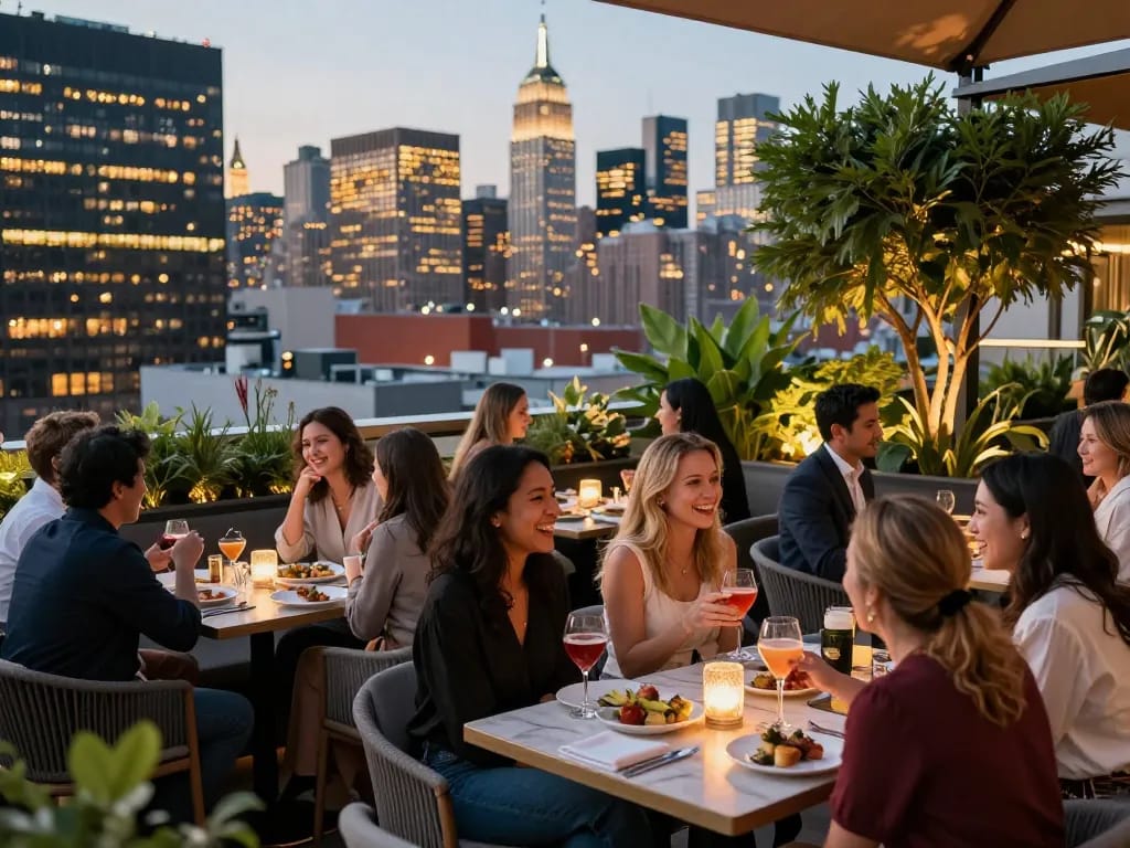 Guests enjoying cocktails at NoHu rooftop bar with stunning NYC skyline views.
